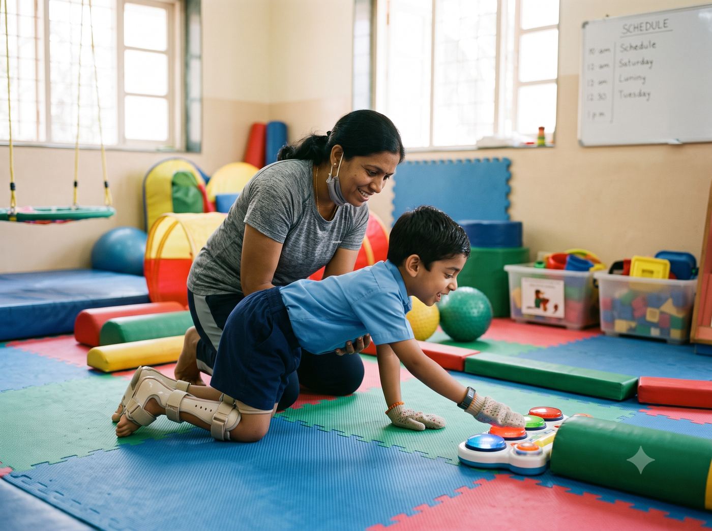 A child takes part in play-based therapy, reaching for a toy during a floor exercise.