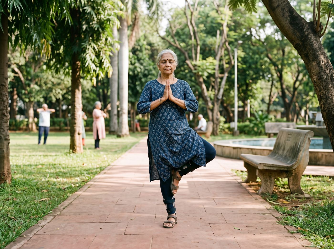 An older adult practises a standing balance pose outdoors in a park.