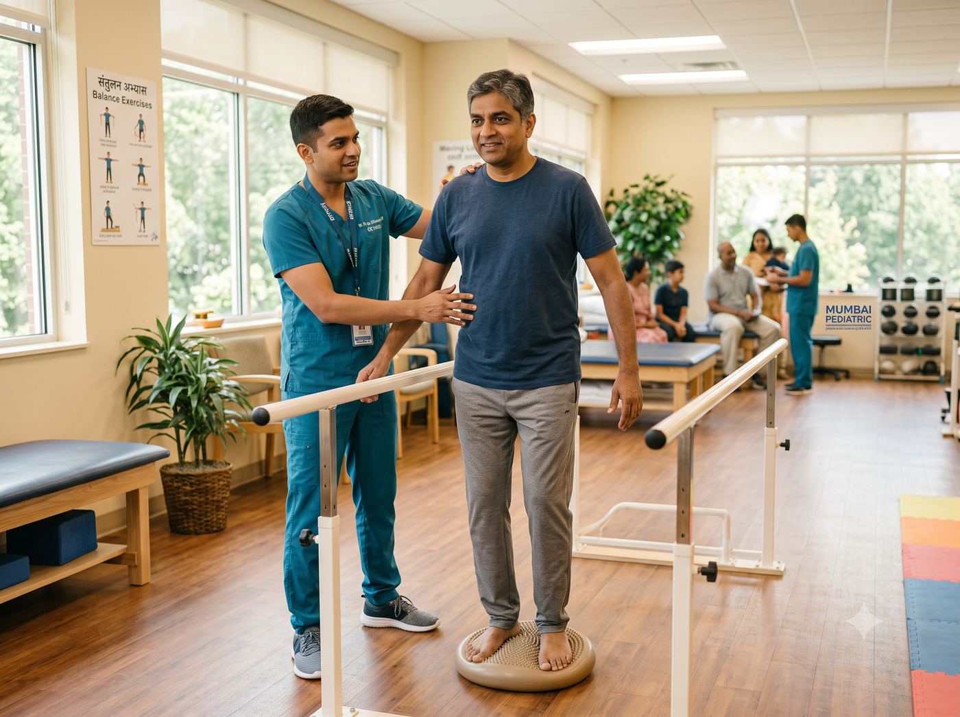 A physiotherapist guides an adult patient through a standing balance exercise, both engaged at eye level.