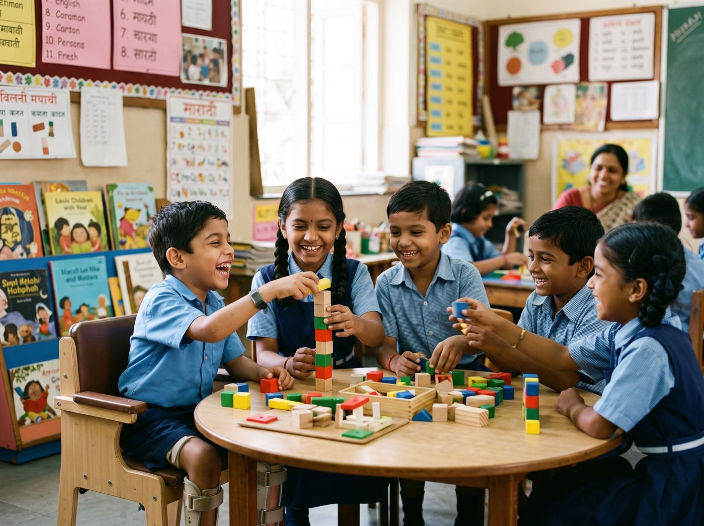 A child using leg braces plays with classmates around a table of building blocks.