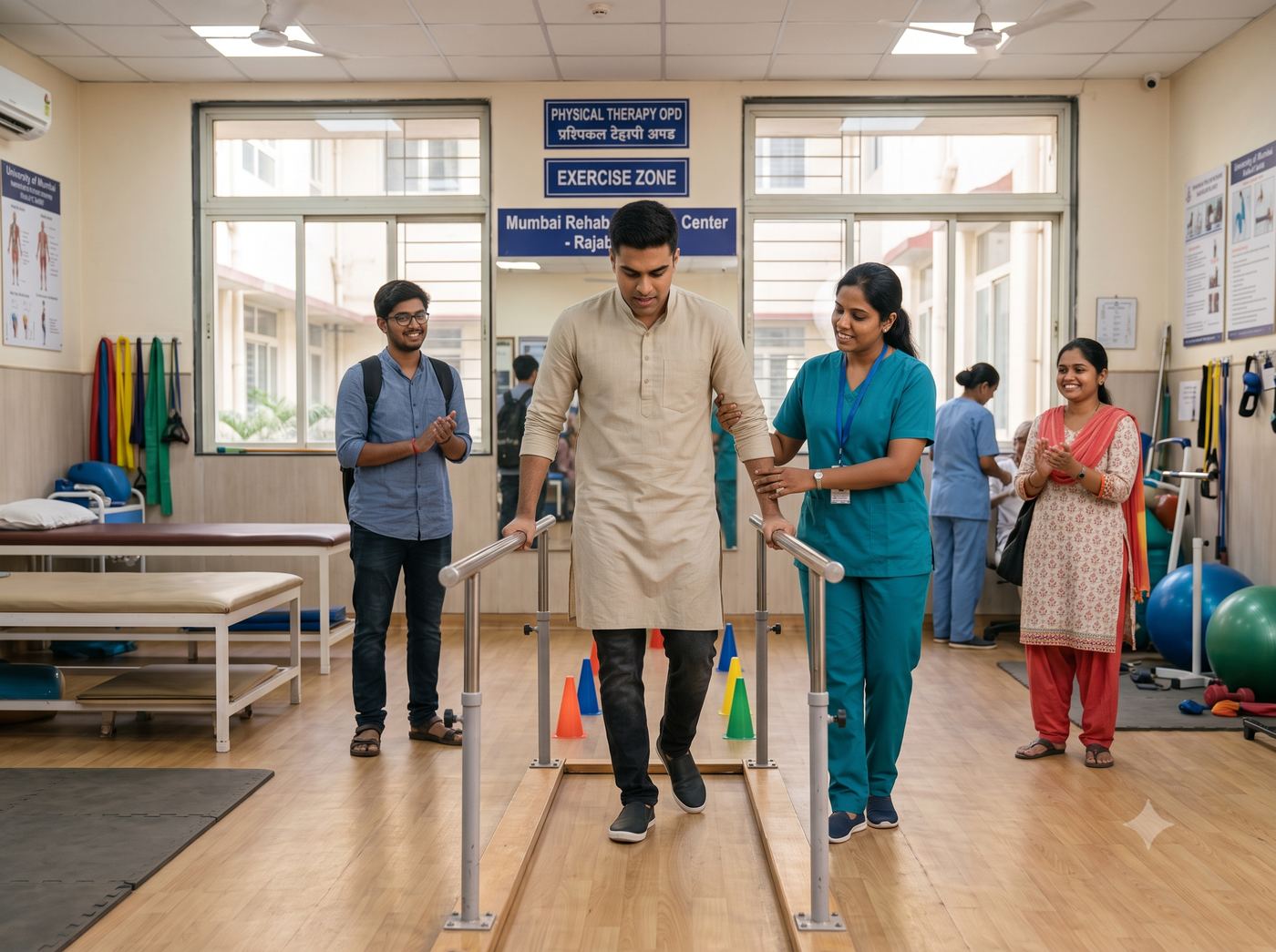 A person practises walking with a gait aid on parallel bars, supported by a therapist.
